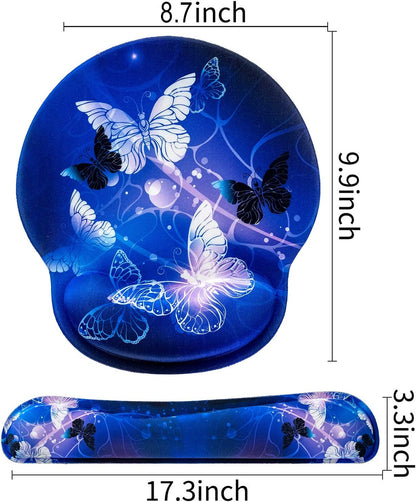 Keyboard Wrist Rest and Mouse Pad with Wrist Support, Memory Foam Set for Gaming and Office, Comfortable & Lightweight for Easy Typing & Pain Relief (White Butterflies)