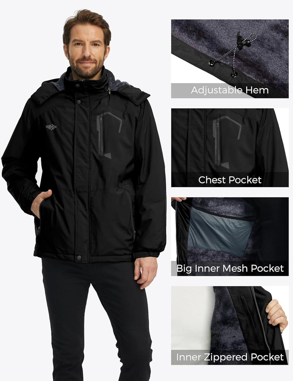 Men'S Mountain Waterproof Ski Jacket Windproof Rain Jacket Winter Warm Hooded Coat