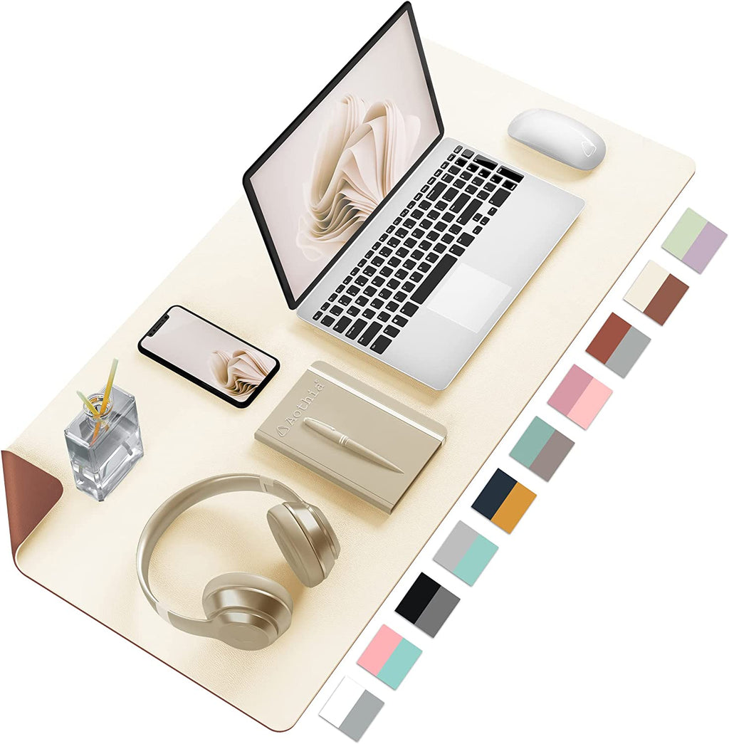 Double-Sided PU Leather Desk Pad - Non-Slip Large Mouse Pad & Desk Mat for Office, Home - Waterproof, Easy to Clean, Durable Dual-Sided Surface (31.5" X 15.7", Beige)