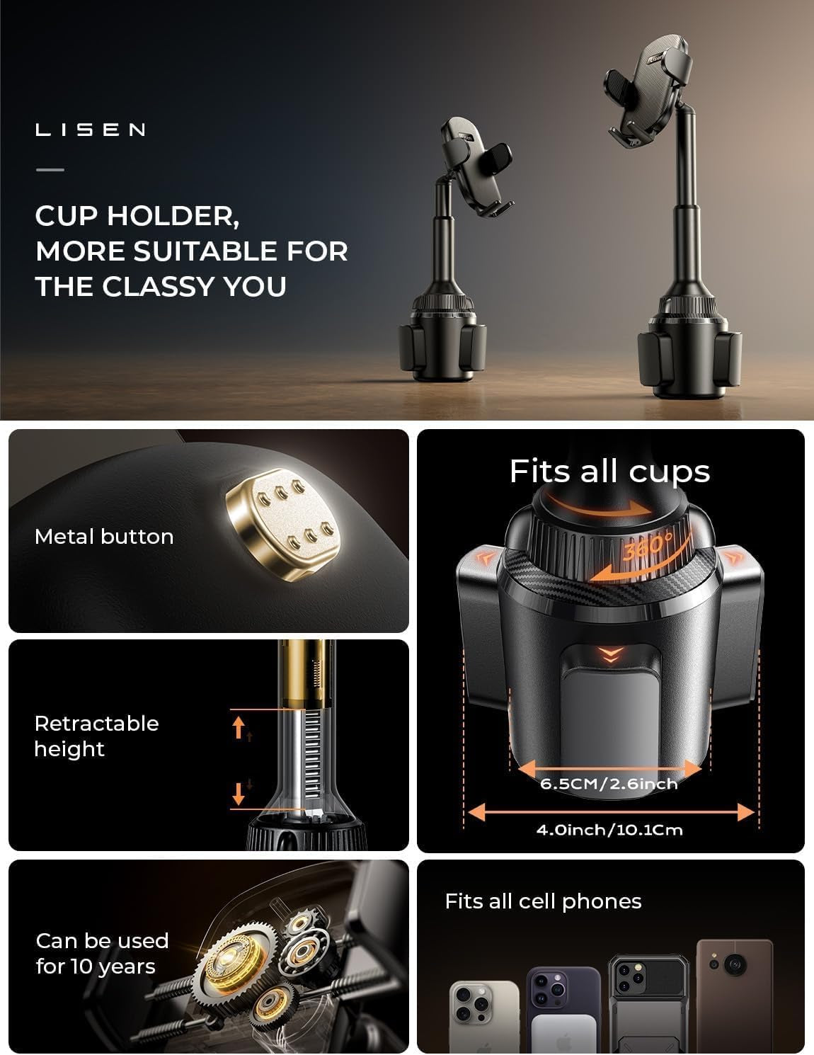 Cup Phone Holder [No Shaking] Phone Holder for Car, 360 Adjustable Iphone Holder for Car Accessories for Women Truck Jeep Golf for Iphone 17 Pro Max 16 15 14 13 Samsung S25 All 4-7'' Phone