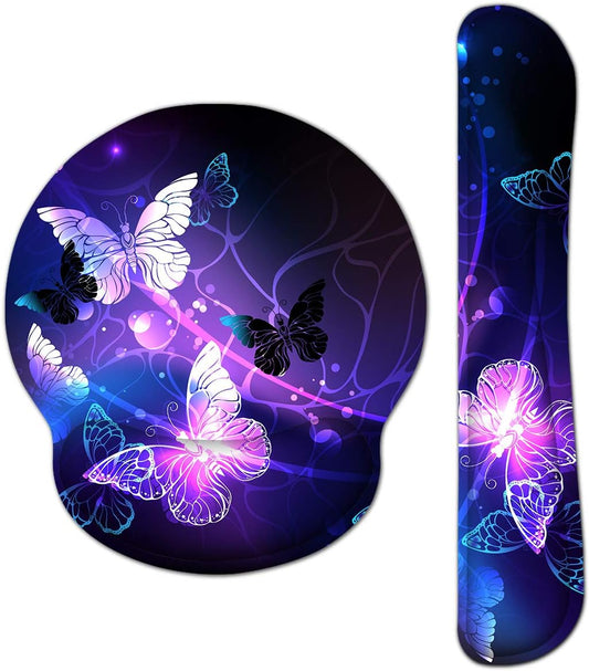 Keyboard Wrist Rest and Mouse Pad with Wrist Support, Memory Foam Set for Gaming and Office, Comfortable & Lightweight for Easy Typing & Pain Relief (White Butterflies)