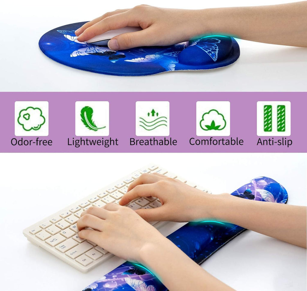 Keyboard Wrist Rest and Mouse Pad with Wrist Support, Memory Foam Set for Gaming and Office, Comfortable & Lightweight for Easy Typing & Pain Relief (White Butterflies)
