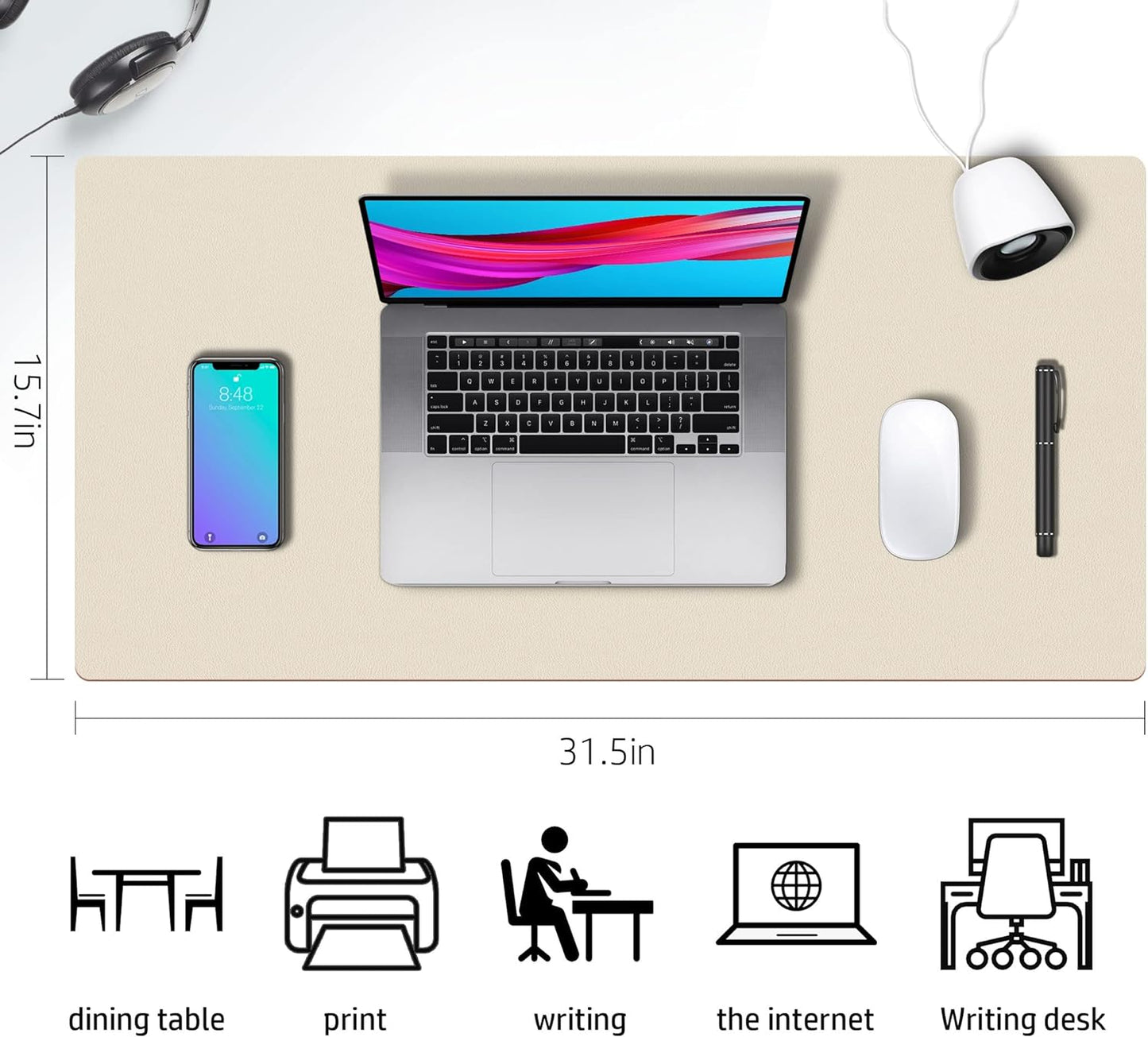 Double-Sided PU Leather Desk Pad - Non-Slip Large Mouse Pad & Desk Mat for Office, Home - Waterproof, Easy to Clean, Durable Dual-Sided Surface (31.5" X 15.7", Beige)