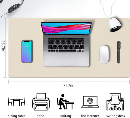 Double-Sided PU Leather Desk Pad - Non-Slip Large Mouse Pad & Desk Mat for Office, Home - Waterproof, Easy to Clean, Durable Dual-Sided Surface (31.5" X 15.7", Beige)